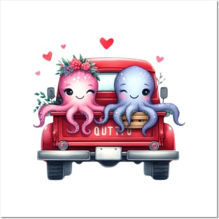 Valentine Octopus Couple Sitting On Truck Posters and Art